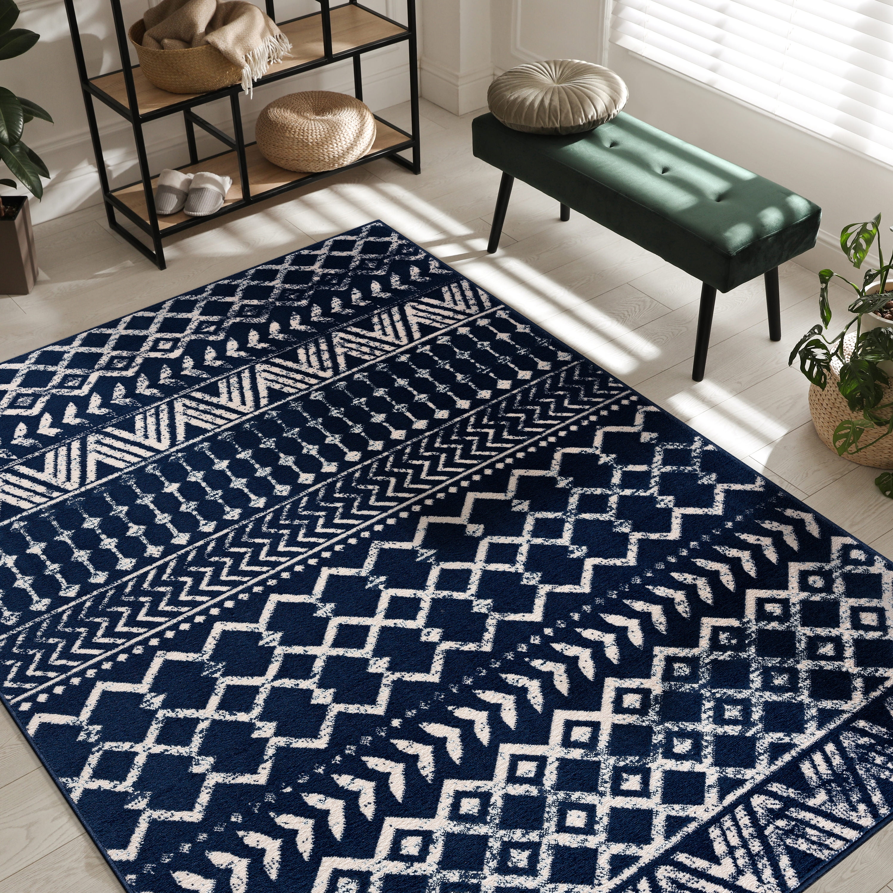 CAMILSON Crystal Navy Blue Area Rug 5'x7' Oval Boho for Living Room Bedroom Dining Room Navy Blue / Cream Indoor Area Rugs