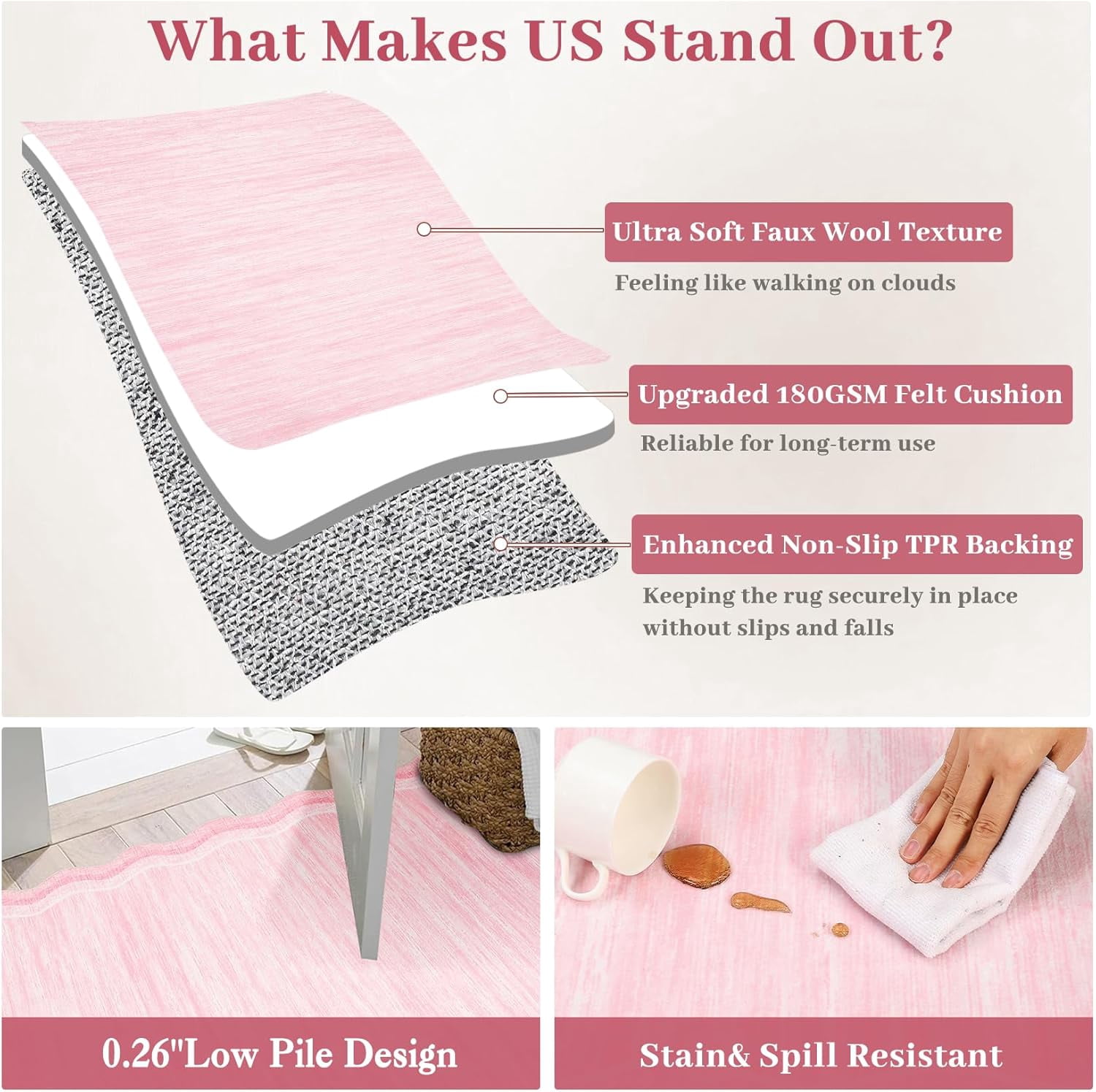 Washable Area Rug 9x12 Scalloped Rugs for Living Room 9x12 Large Scalloped Carpet, Non-Shedding Contemporary Easy Cleaning Mats, Solid Modern Pink Rug for Bedroom Dining Room Playroom