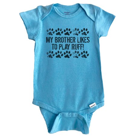 

My Brother Likes To Play Ruff Funny Baby Bodysuit - Dog Baby Bodysuit For Kids (Blue) 3-6 Months