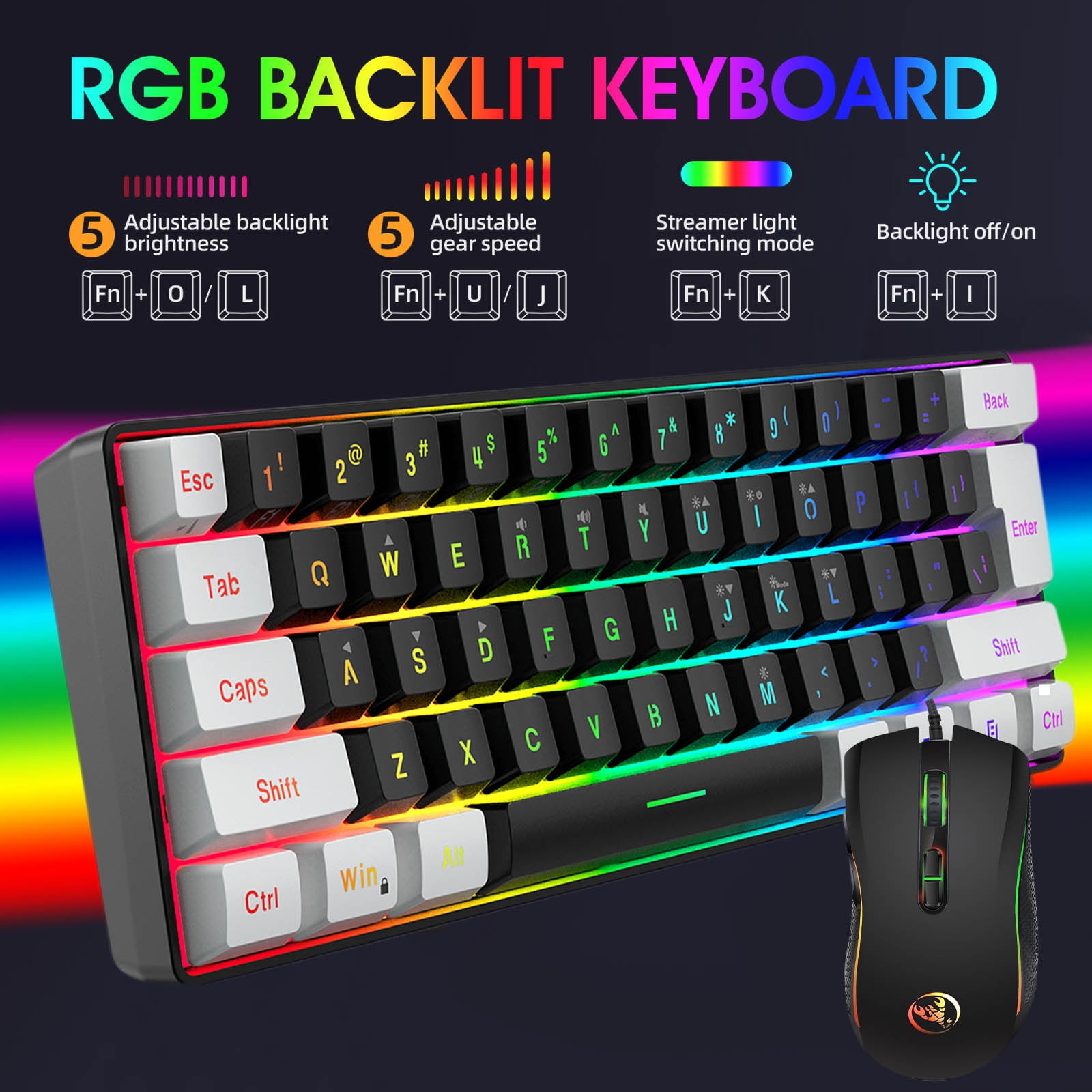 Kchsji 61-Key Wired Gaming Keyboard & Mouse Set, Multi-Color Changing Backlight, 3200DPI Mouse, Ergonomic Design, High Precision, USB Wired, Perfect for Gaming, Office, Home Use