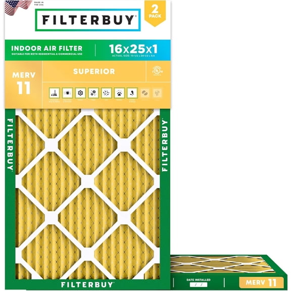 Filterbuy 16x25x1 Air Filter MERV 11 Allergy Defense, Pleated HVAC AC Furnace Filter Replacement, 2-Pack