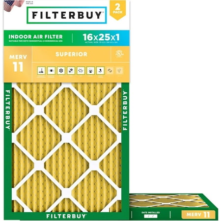 Filterbuy 16x25x1 Air Filter MERV 11 Allergy Defense, Pleated HVAC AC Furnace Filter Replacement, 2-Pack