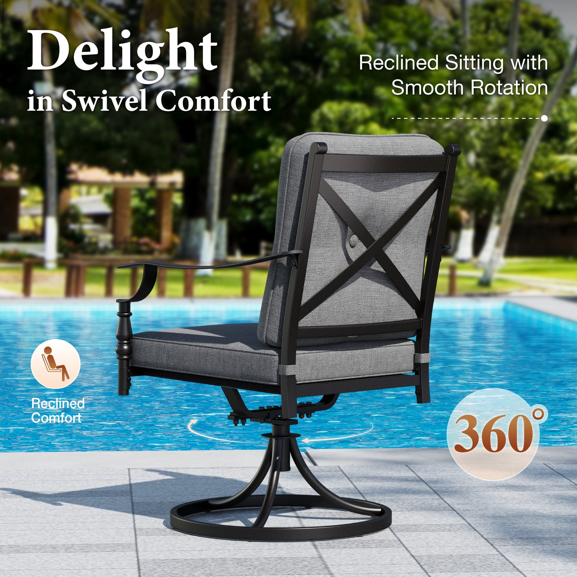 Summit Living Swivel Outdoor Patio Dining Chairs Set of 2, 2-Piece Metal Outdoor Patio Chairs with Cushion, Gray