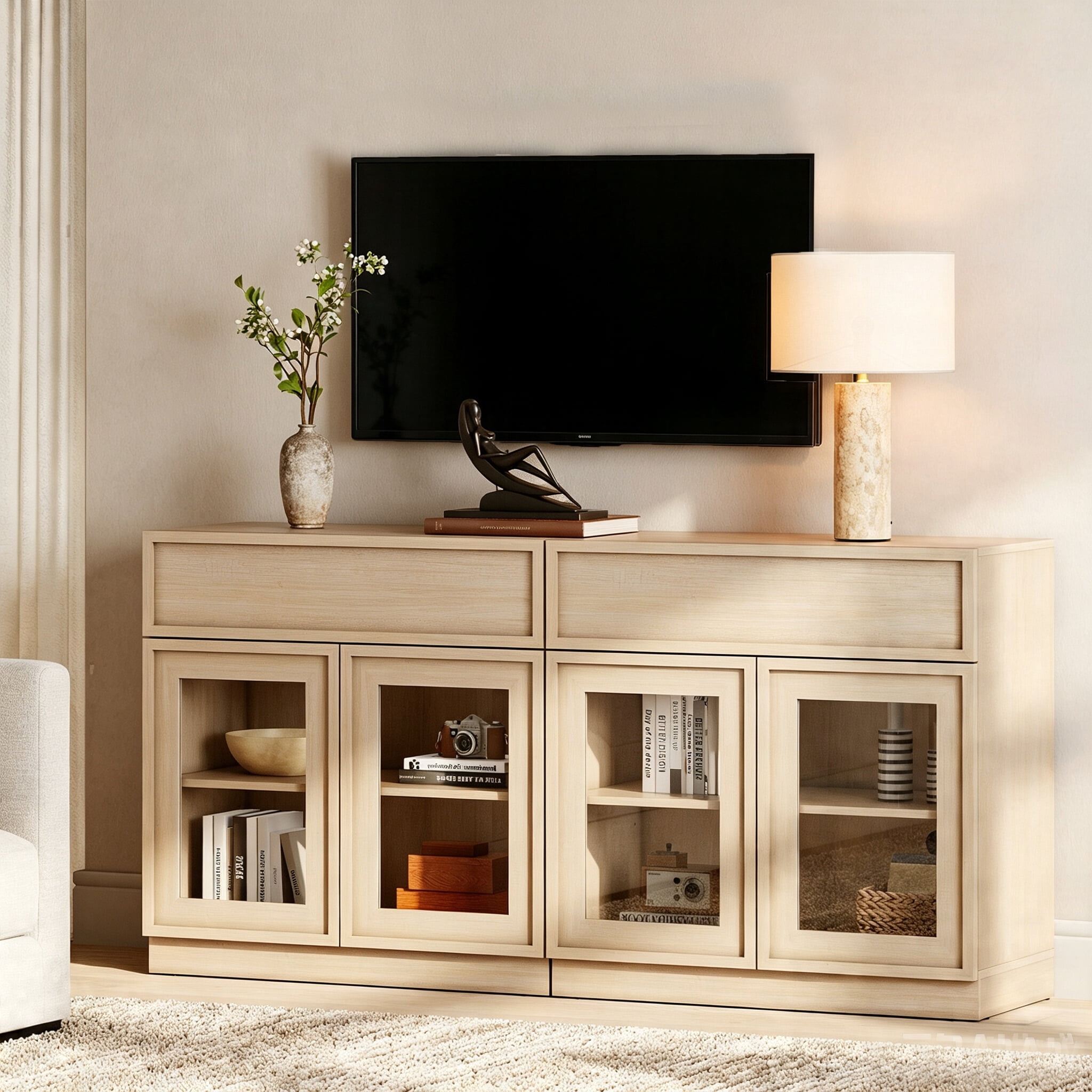 WAMPAT Modern TV Stand for TVs Up to 40", Wooden Entertainment Center TV Console with 4 Glass Doors and Drawers, Media Console Cabinet with Adjustable Shelf for Living Room, Bedroom, Beige