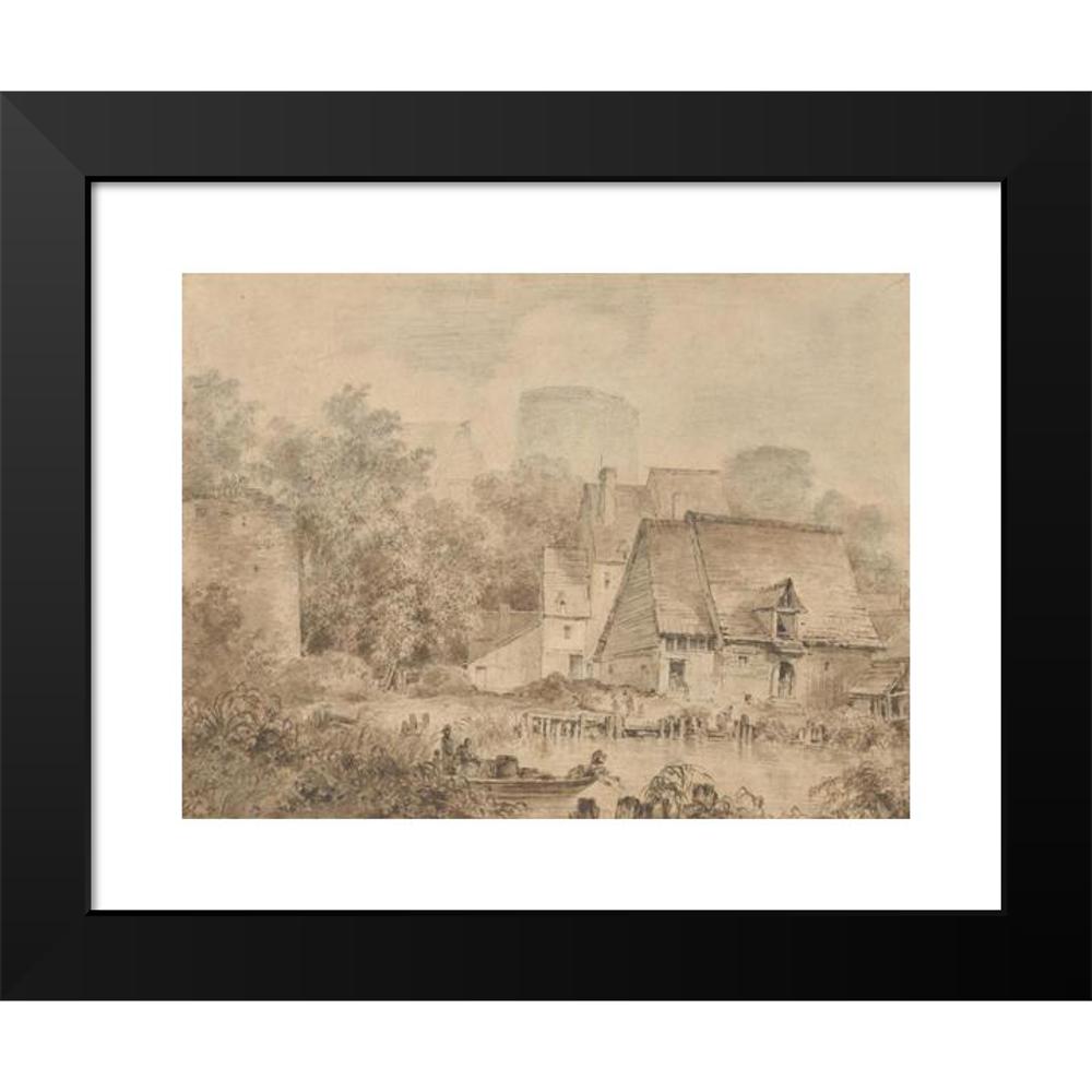 Jean-Honoré Fragonard 14x11 Black Modern Framed Museum Art Print Titled - Farm Buildings Beside a Waterway (ca. 1765-70)