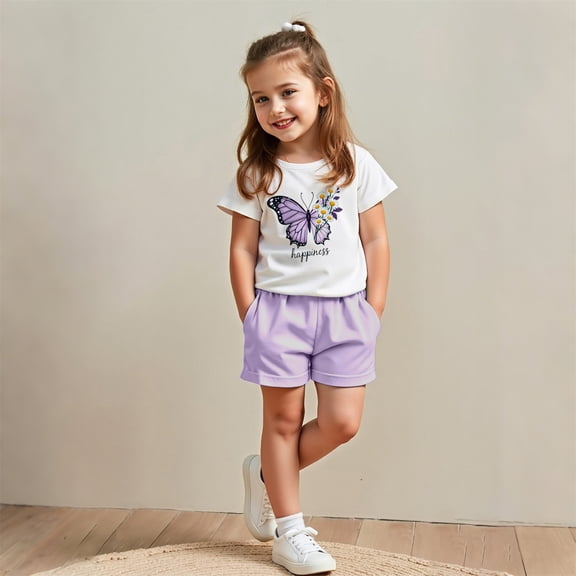 Eltusu Boys Cotton Outfit Sets, Crew Neck Short Sleeve Graphic T-Shirts and Shorts Sets Purple Size 3-7 T