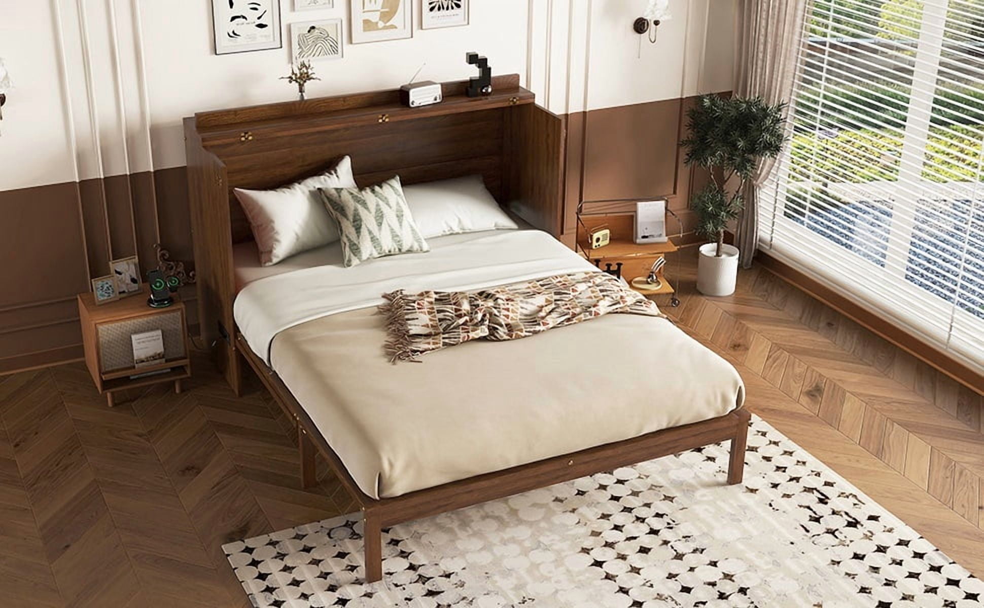 Sailvan Queen Size Murphy Bed, Pine Wood Cabinet Bed with Power Station & Rattan Decoration Panel