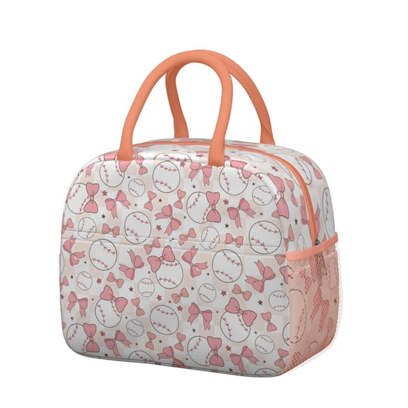 Womens Pink Baseballs with Bows Pattern Lunch Box for Work,Insulated Lunch Bag for Women,Loncheras Para Mujer,Leakproof Adult Lunch Bag for Work,Beach,Travel,Picnic,Camping