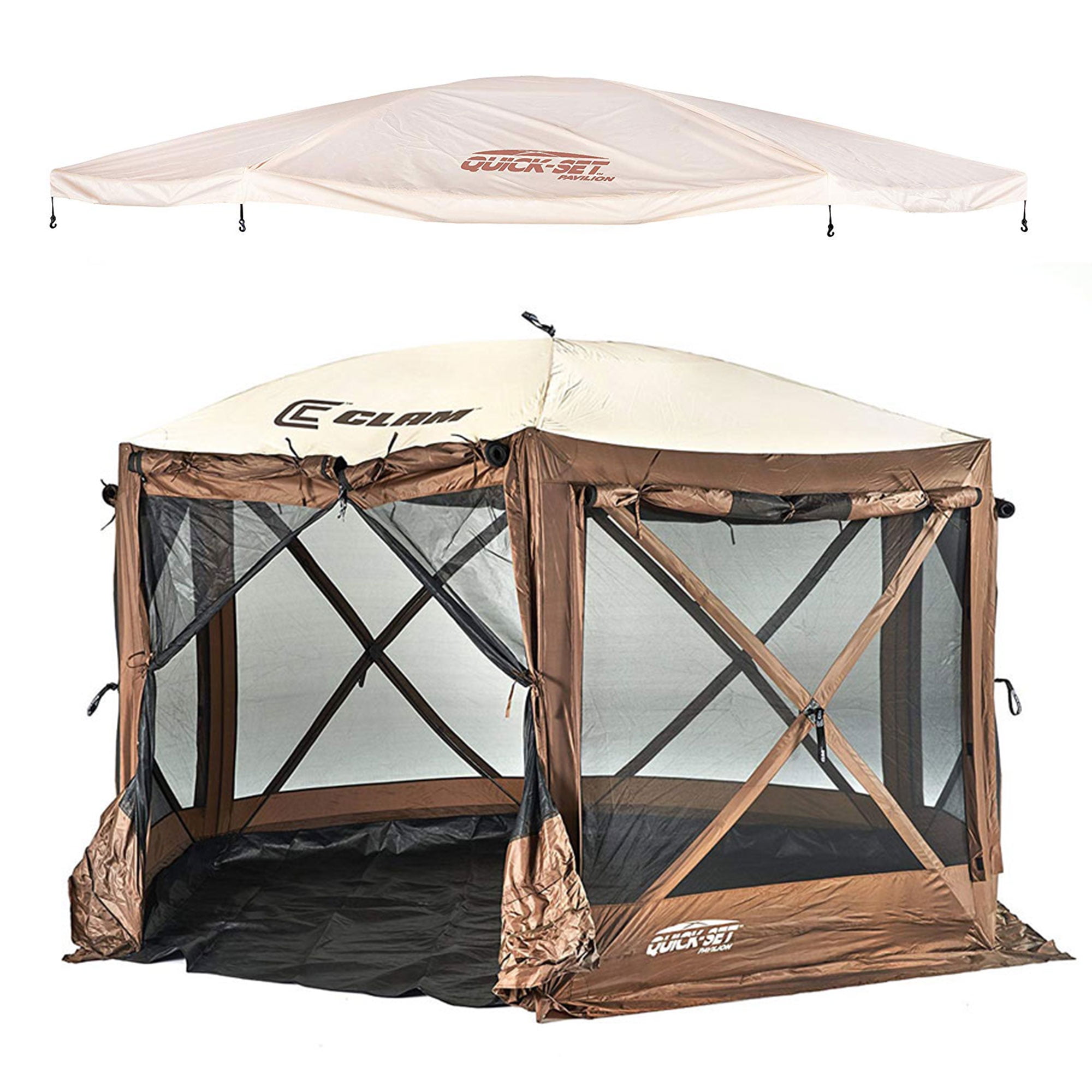 Clam Quickset Pavilion Brown 8 Person Tent w/ Floor Tarp and Tan Rain