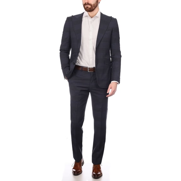 Napoli Mens Blue Plaid Half Canvassed Wool Slim Fit Suit With Peak Lapels