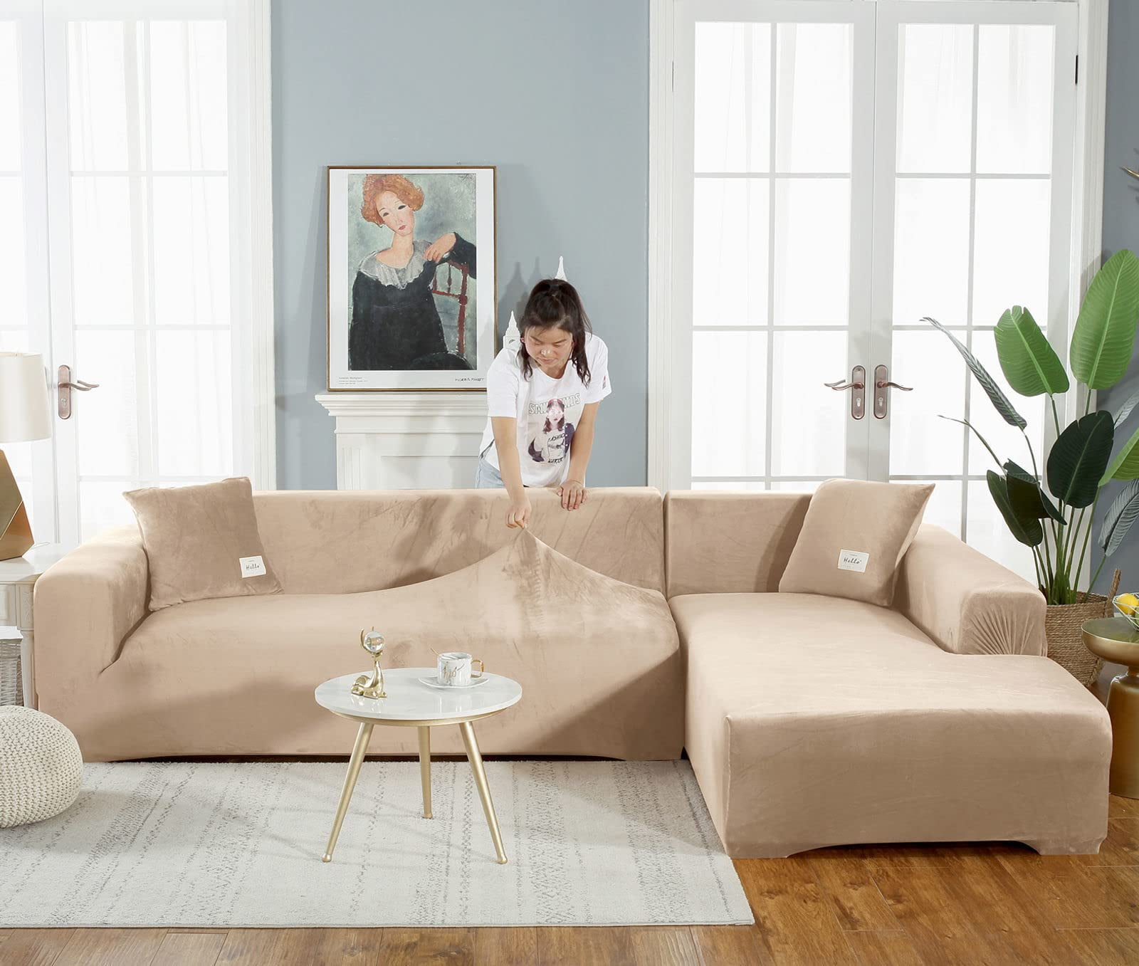 Sectional Couch Covers, Stretch Sofa Cover Velvet L-Shaped Sofa Cover Soft Non Slip Furniture Protector for Corner Sofa-Pink-3 Seater+3 Seater