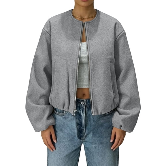 Aellinatey Womens Cropped Bomber Jacket Casual Zip Up Varsity Jackets Trendy Outwear Coats with Welt Pockets