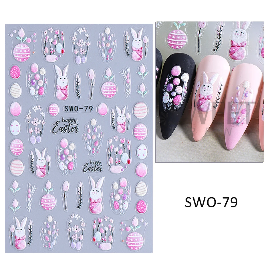 3D Easter Bunny Nail Art Stickers Decals 3D Cute Cartoon Egg Rabbit Flower Florals Adhesive Slider DIY Manicure Decoration Foils