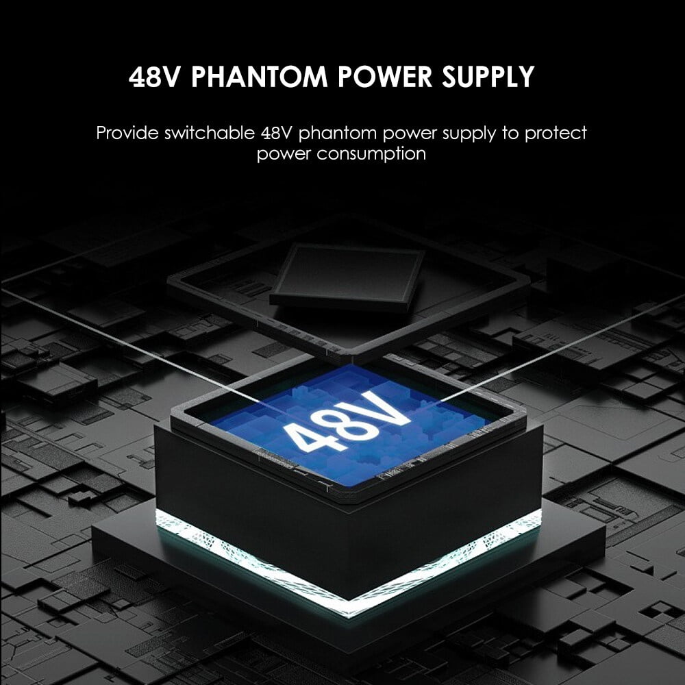 Audio Interface Professional Recording Sound Card 16bit/48kHz Mini USB Audio Interface Sound Card 2-In & 2-Out with 48V Phantom Power USB-B Cable Studio Recording Equipment for Music Recording