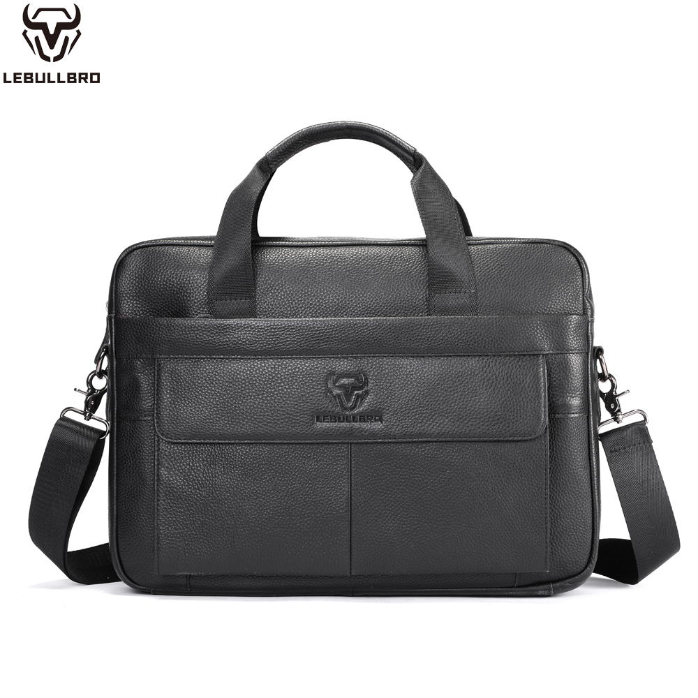 LEBULLBRO Mens Genuine Leather Briefcase Shoulder Messenger Bags Work Laptop Business Bag Black