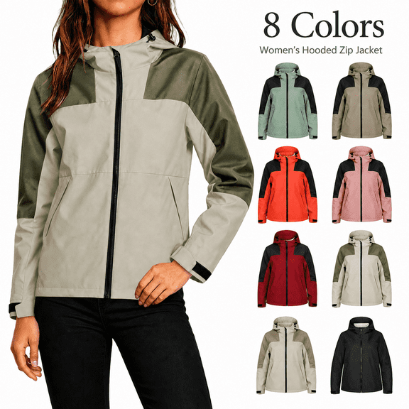 Aezemi Women Zip up Hoodie Raincoat Waterproof Windbreaker Adjustable Hooded Long Sleeve Fashion Hiking Travel Rain Jacket Full Zip Lightweight Color Block Outerwear with Pockets XXL