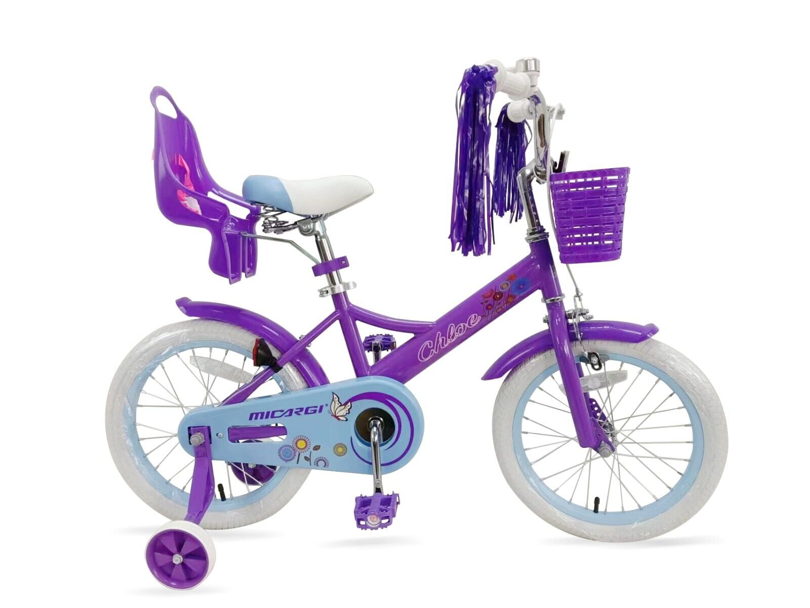 Micargi 16" inch Girl Kids Bike with Basket Girls with Training Wheels 4 5 6 7 Year Princess Toddler Purple