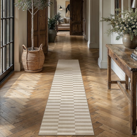 BERTHMEER 2'x8' Runner Rugs for Hallway Bathroom Bedroom Entryway Kitchen Non Slip Washable Striped Pattern Rugs Light Brown Beige Modern Contemporary Geometric Runner Rugs