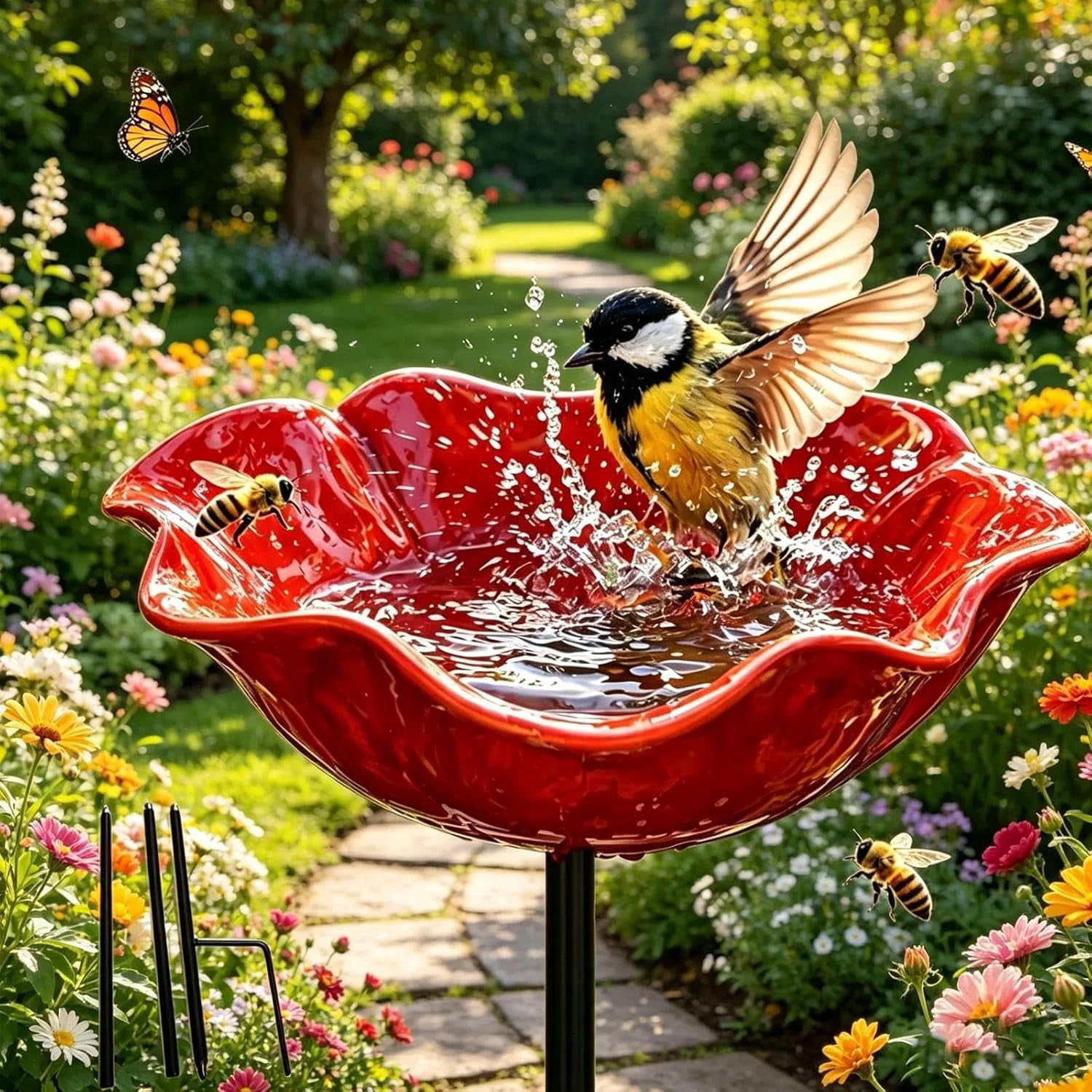 Handmade Metal Flower Garden Stake with Bee Bath & Bird Bath & Colorful Butterfly Bowl Decorative Outdoor Yard Art, with Flower Design, Yard Decor Butterfly Pollinator Watering Station (Blue, 5)