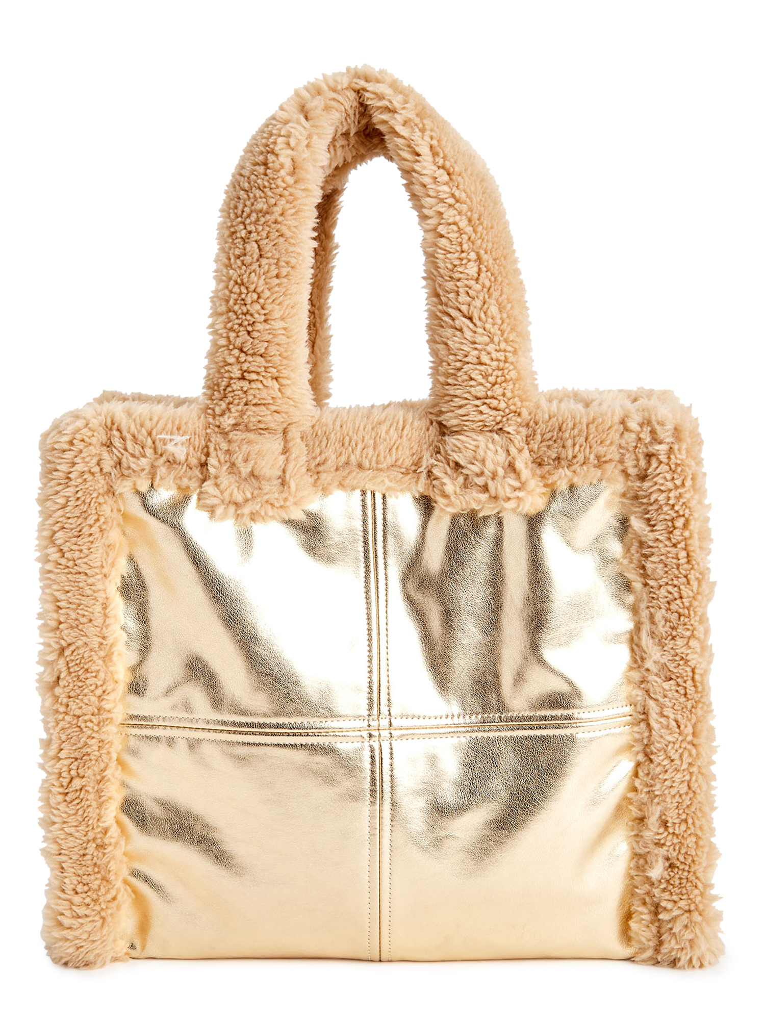 No Boundaries Women's Large Square Sherpa Tote Handbag Gold Tan