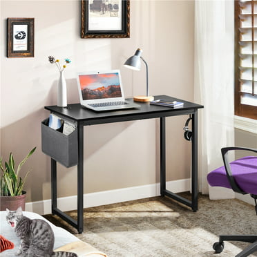Easyfashion Modern Computer Desk with Folder Bag and Side Hook, Black