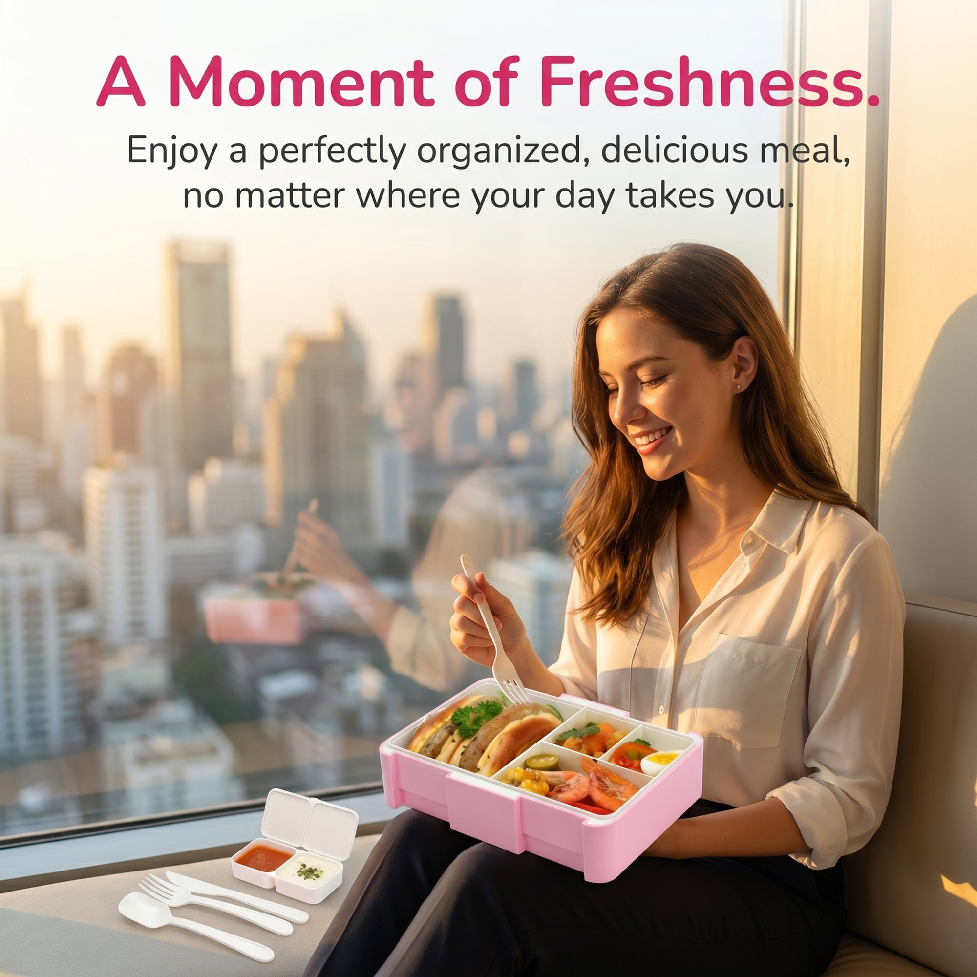 Unique Bargains 1450ml Leak-Proof Meal Prep Container Lunch Bento Box Rose Pink