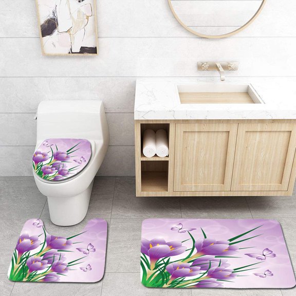 GOHAO Spring Flowers 3 Piece Bathroom Rugs Set Bath Rug Contour Mat and Toilet Lid Cover