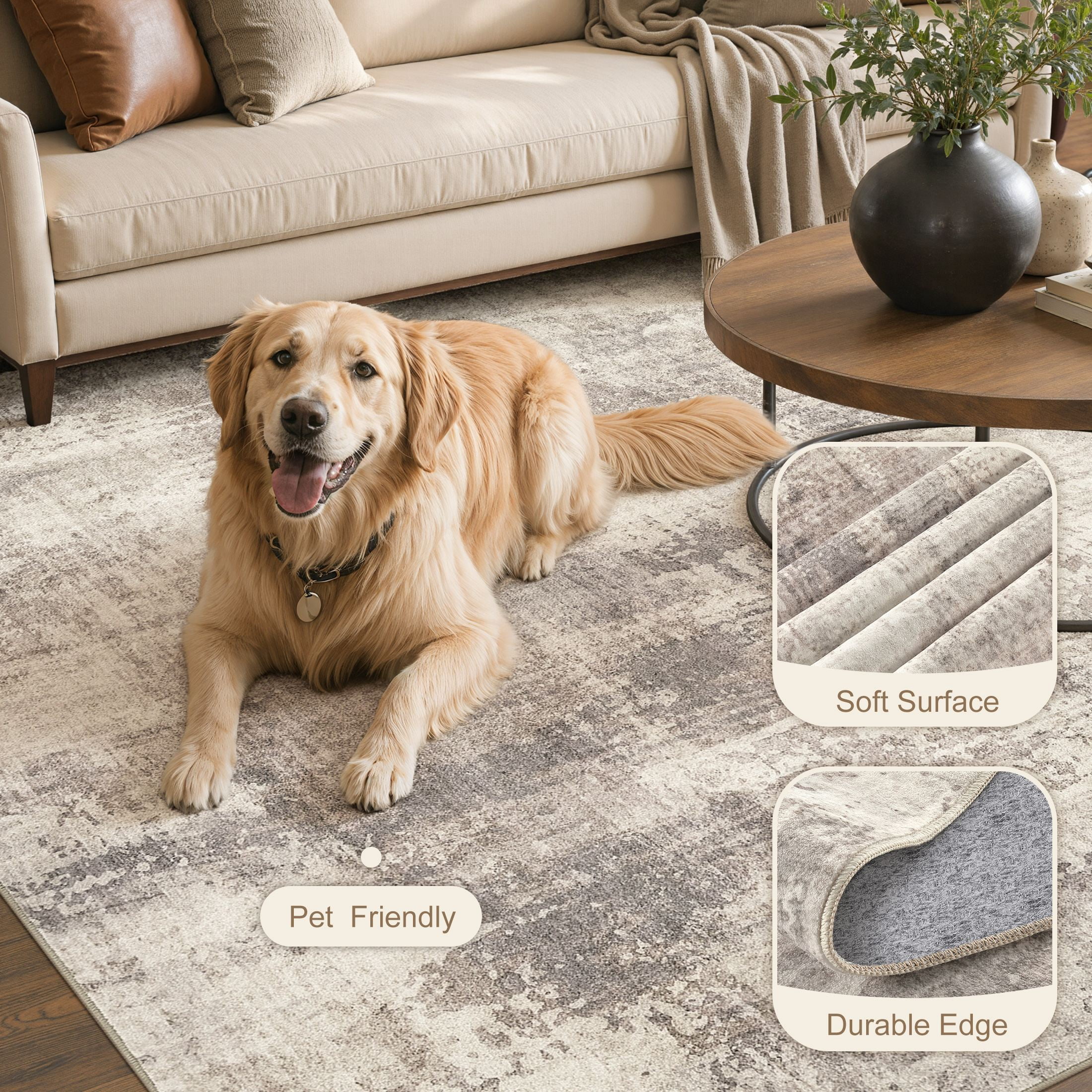 MICGEEK 9'x12' Abstract Area Rugs for Living Room, Stain Resistant Washable Rugs with Non-Slip Backing, Modern Carpet for Bedroom Dining Room Office Throw Rugs, Brown