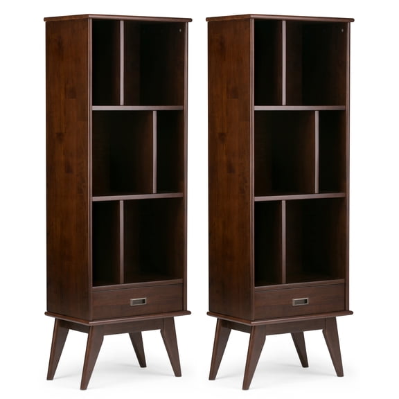 Simpli Home Draper 22W 6 Cubbie Bookcase with Drawer (Set of 2) in Medium Auburn Brown