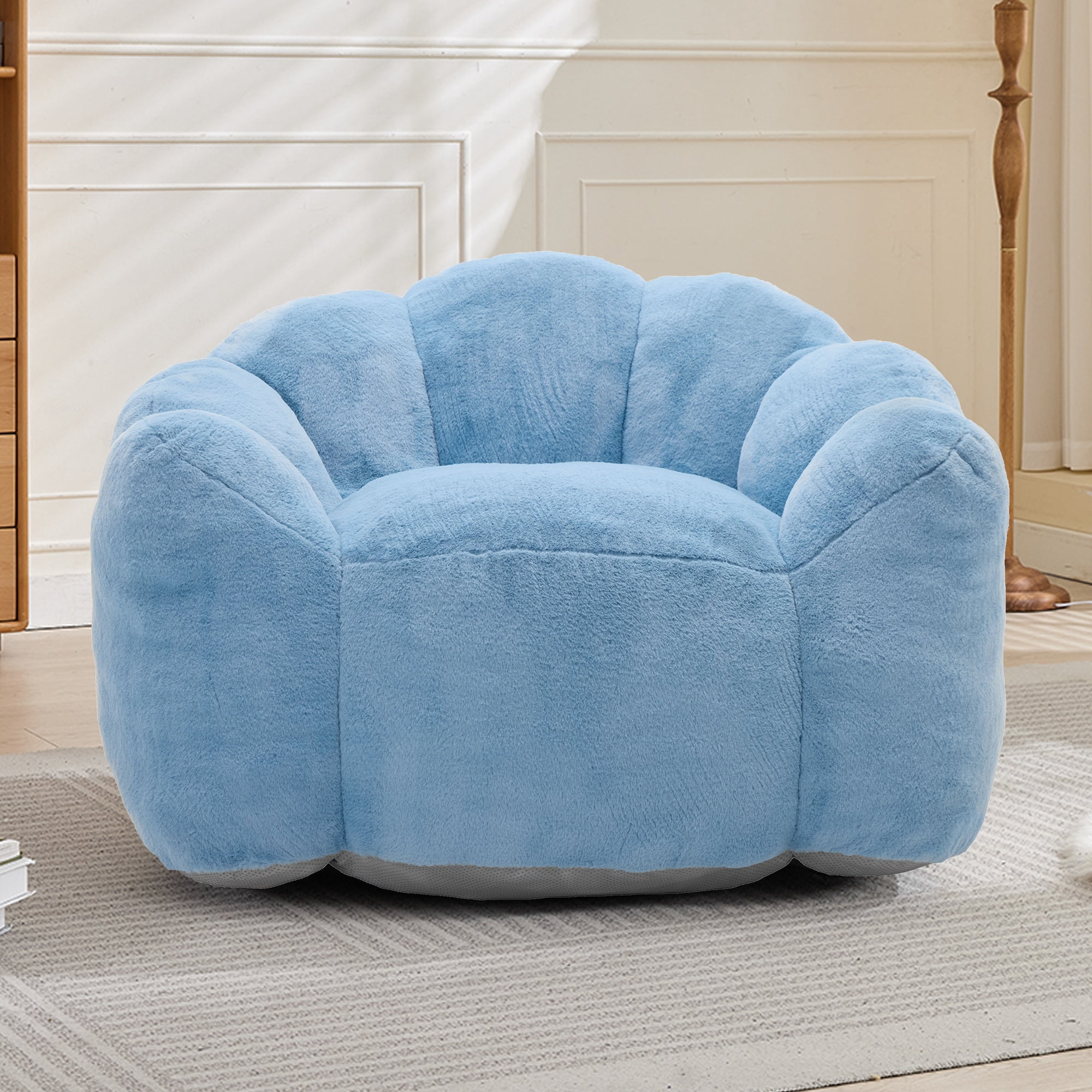 Peispie Lotus Flower Bean Bag Chair for Adults & Teens, Comfy Floor Sofa Lounge Chair with Armrests & Handle, High-Density Memory Foam Filled Pillow Reading Accent Chair for Bedroom, Blue