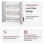 Heated Towel Warmer for Bathroom - Brushed Towel Warmer Rack, Wall-Mounted Heated Towel Rack and Dryer with 10 Stainless Steel Bars, Hardwired Electric Bath Towel Heater 120V, Grande