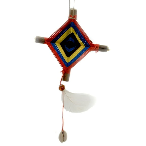 Holiday Ornaments God's Eye W/Bead & Feather Mexico Wooden Cross Cm446 Yellow