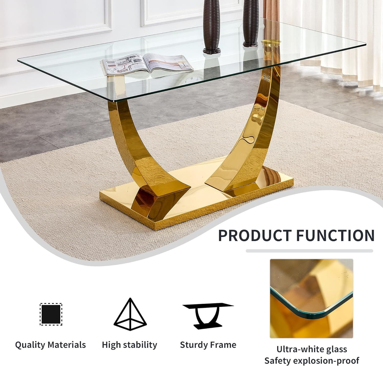 Sumdeal 63" Glass Dining Table for 4-6 people,Modern Dining Room Table for 4, Kitchen Table for 6, Dinner Table with Rectangle Tempered Glass Top and Chrome Golden Base