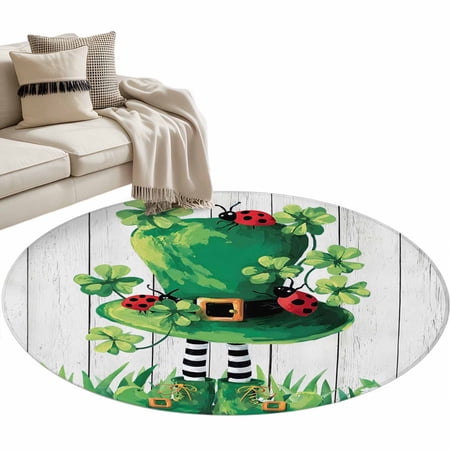 Area Rug 36in St. Patrick s Day Four-leaf Hat Floor Carpet Living Room Rug Ladybirds Daisy Wooden Non-Slip Welcome Mat Indoor Rugs for Bedroom Dining Room