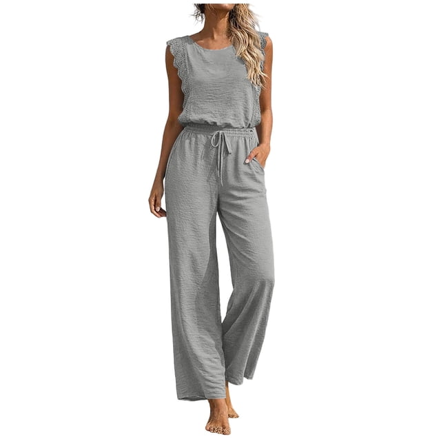 Combinaison pour Femmes, Sans Manches à Jambe Grand, avec Col Rond et Ceinture à la Taille, une Pièce de Couleur Unie