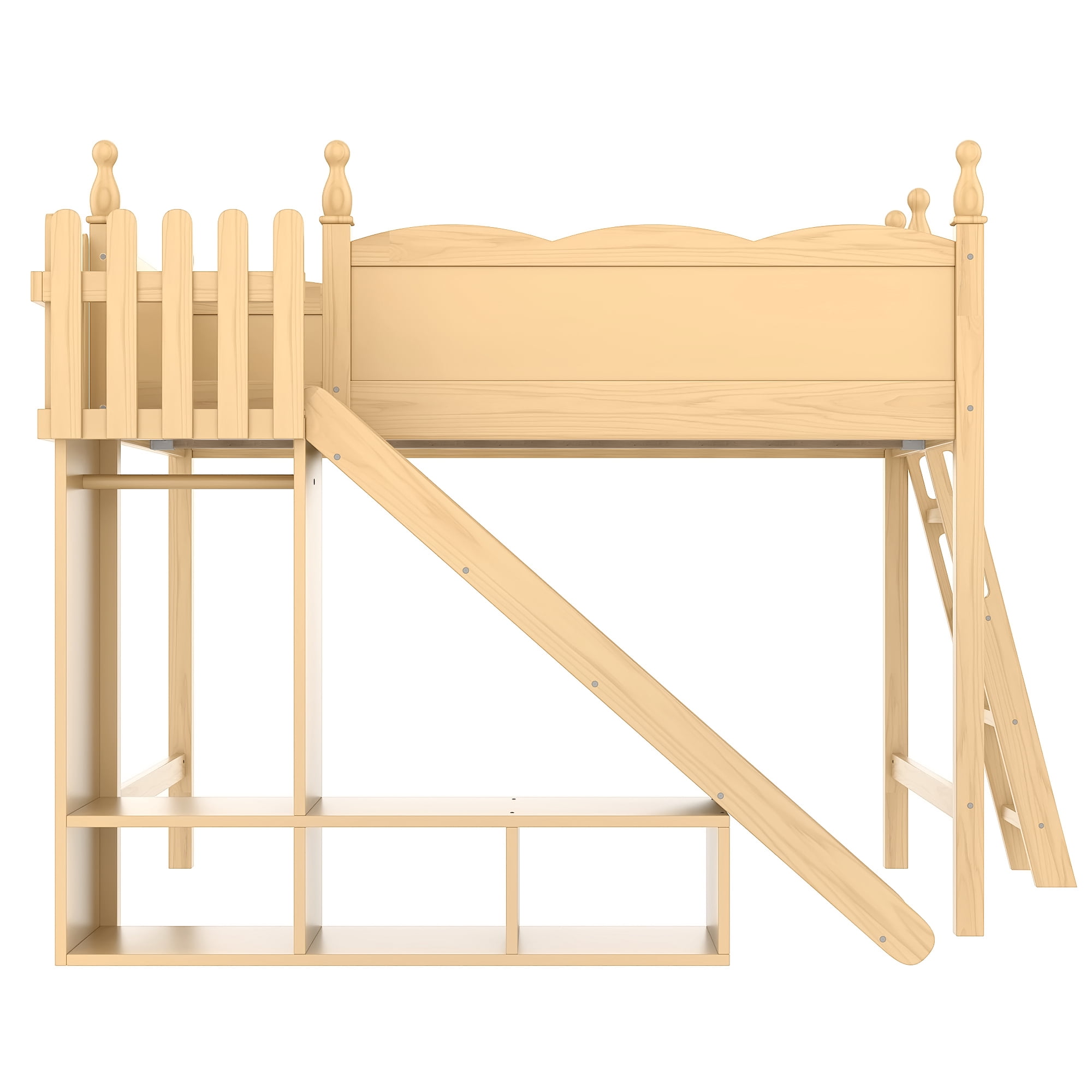 Leumius Full Loft Bed Frame with Storage Shelves and Wardrobe, Solid Wood Loft Bed with Detachable Slide and Ladders for Kids Teens Adults Natural
