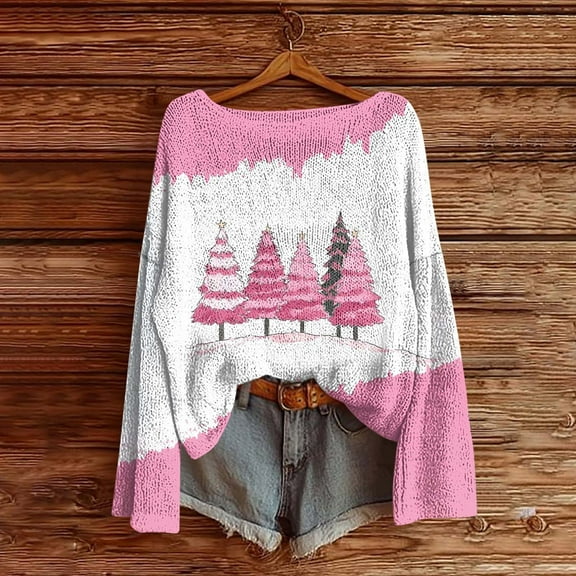 PiGOGI Women's Casual Crew Neck Christmas Sweatshirt Holiday Party Long Sleeve Winter Pullover Cozy Sweater Pink XL