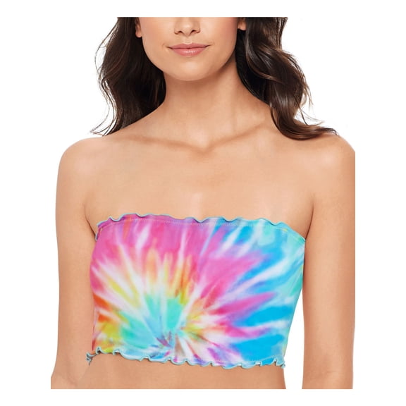SALT   COVE Women's Multi Color Tie Dye Stretch Ruffled Convertible Bandeau Swimsuit Top M