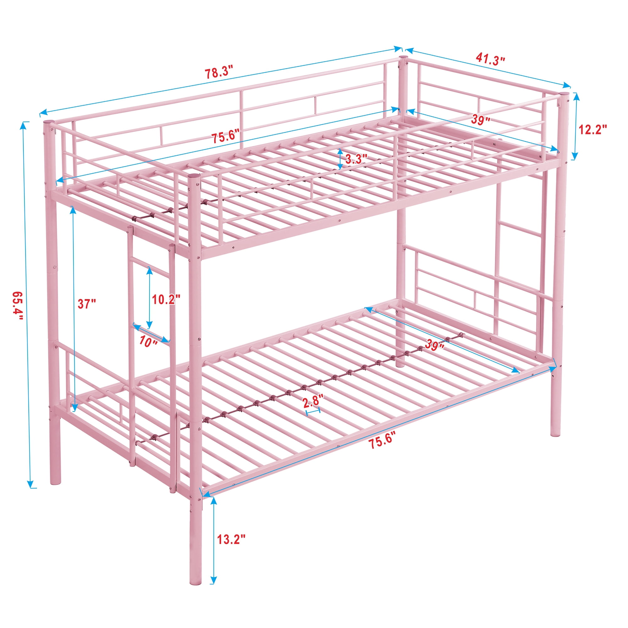 Leumius Triple Bunk Bed Twin over Twin with Trundle, Convertible 3 Twin Beds with Ladder & Safety Guardrail, Space-Saving for Teens and Adults, Bedroom Dorm,Pink