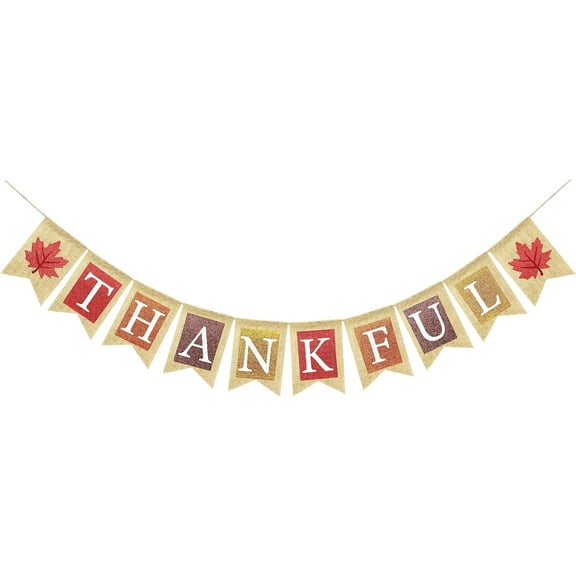 Thankful Burlap Banner with Maple Leaves, Happy Fall Thanksgiving Mantle Fireplace Decorations Garland Autumn Harvest Outdoor Home Office Classroom Hanging Decor