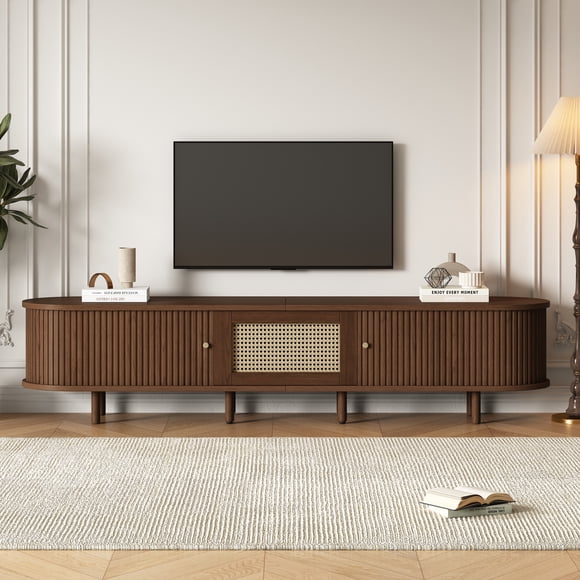 Axiomera TV Stand with 1 Rattan Drawer & 2 Sliding Doors, Oval TV Cabinet with Rounded Corners – 70.8" Entertainment Center, Media Console, Dark Wood, for 75" TV, Living Room