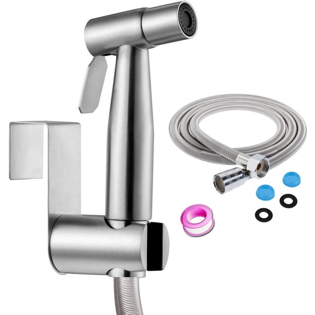 Rociador de inodoro para bidé y rociador de inodoro para bidé de acero inoxidable - Kit de rociador de bidé - Fácil de instalar con manguera de ducha con resorte de 5 pies y gancho - DKSFJKL