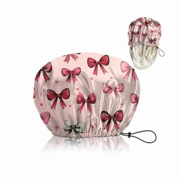 wonima11 Luxury Shower Cap Satin Silk Lined Adjustable Elastic Reusable Waterproof Shower Bath Cap Cute for Women Girls-Pink Bowknot