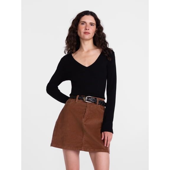 Scenario Women's V-Neck Ribbed Sweater with Long Sleeves, Lightweight, Sizes XS-XXXL