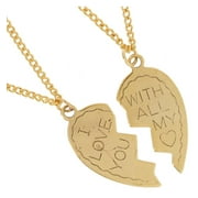 Gold Tone Broken Heart "I Love You With All My Heart" Sweetheart Pendant Necklaces Set Ladies Adult Female Women