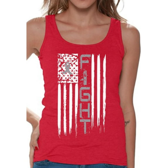 Awkward Styles Women's Brain Cancer Graphic Tank Tops Distressed American Flag Fight Gray Ribbon