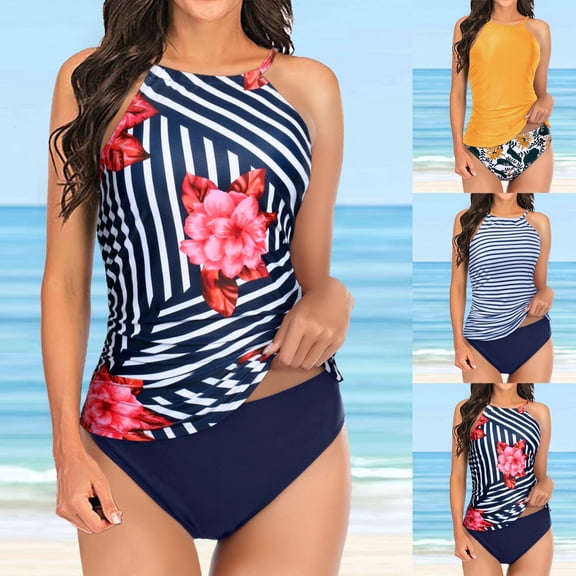 Jacenvly Women Tankini Set Two Piece Clearance Fashion Sleeveless Swimsuit Color Block Halter Neck Surfing Swimwear Lightweight Women Conservative Print Strappy Back Set Two Piece Swimdress Red