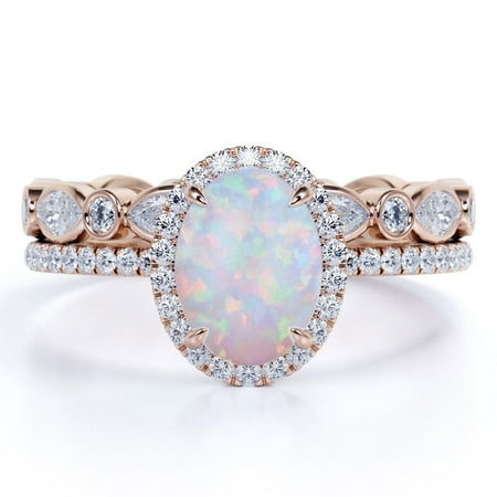 JeenMata Vintage 1.75 ct Oval Cut Opal and Moissanite Wedding Ring Set in 18K Rose Gold over Silver