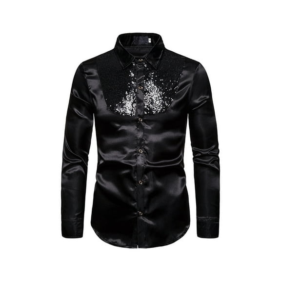 Men Sequins Nightclub Host Shirts Long Sleeve Turn-Down Collar Tops