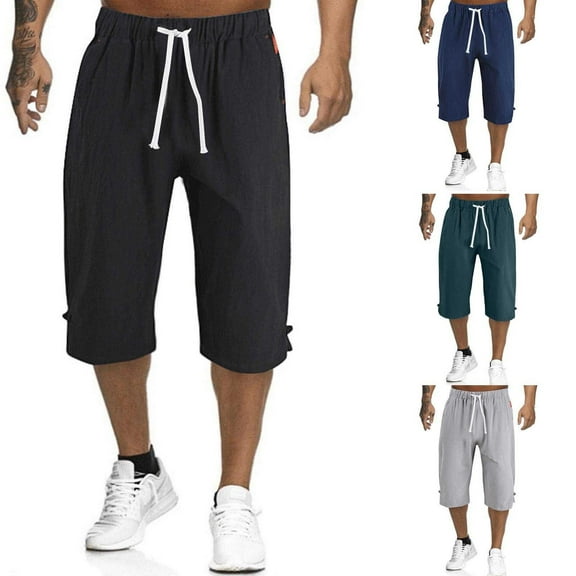 Men's Cotton Linen Capri Pants, Lightweight Baggy 3/4 Shorts Drawstring Elastic Waist Beach Yoga Pants with Pockets Size M-5XL Navy